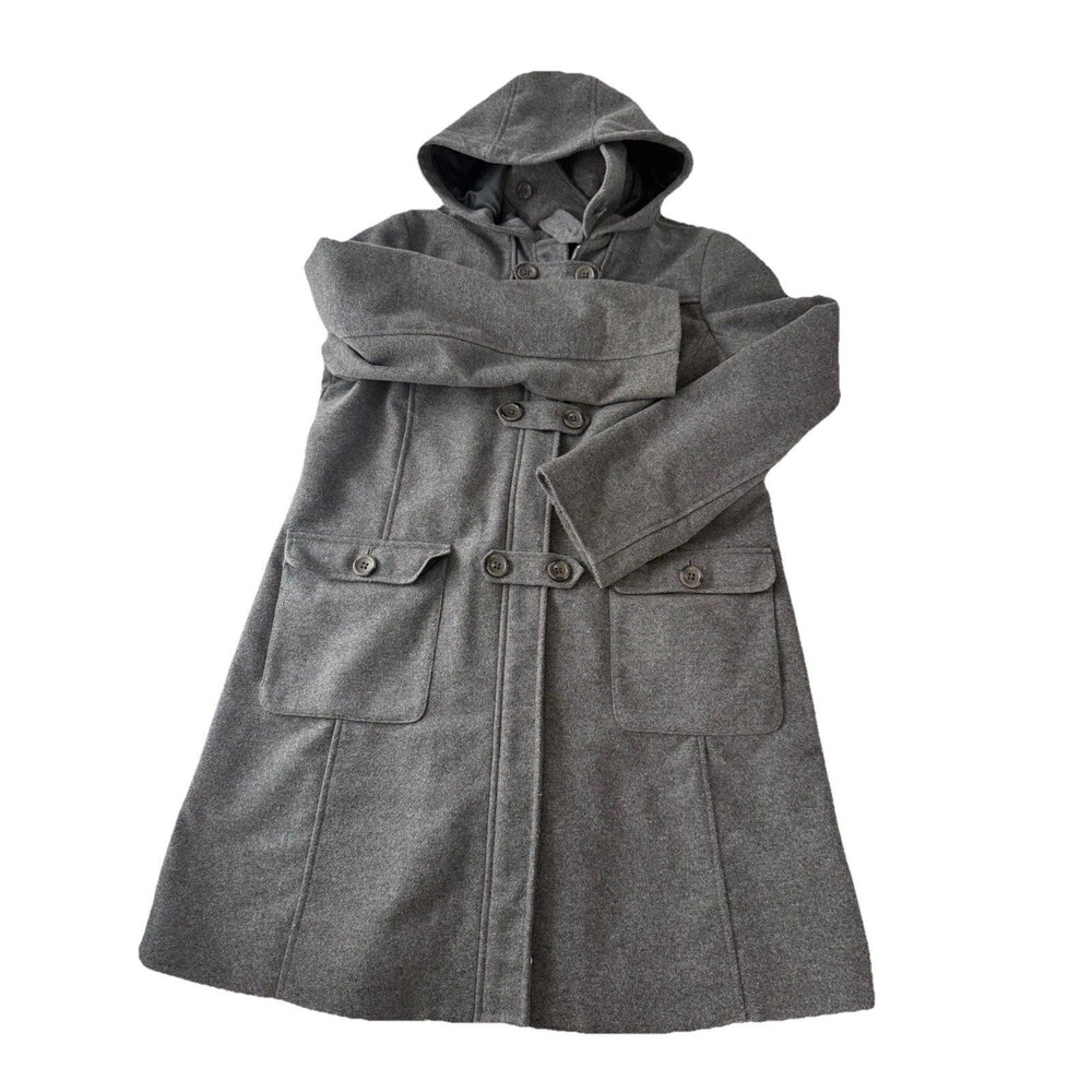 Land Ends Wool Blend Double Closure Gray Hooded Trench Coat Size 16 Flaws